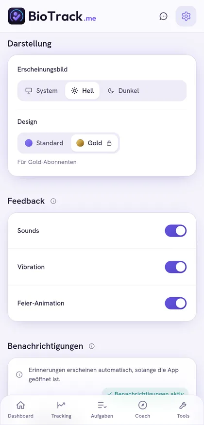 Personalisierung: Hell, Dunkel oder System-Erscheinungsbild sowie Feedback- und Feier-Einstellungen.