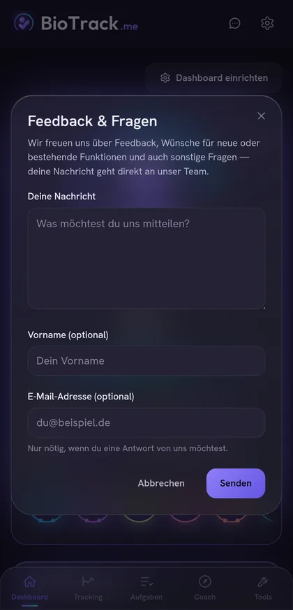 Das Feedback-Formular für Wünsche, neue Ideen und Fragen direkt an das Team.