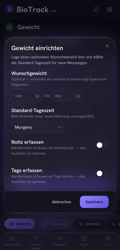 Einstellungen des Gewichts-Trackers: Wunschgewicht, Standard-Tageszeit und optionale Zusatzfelder.