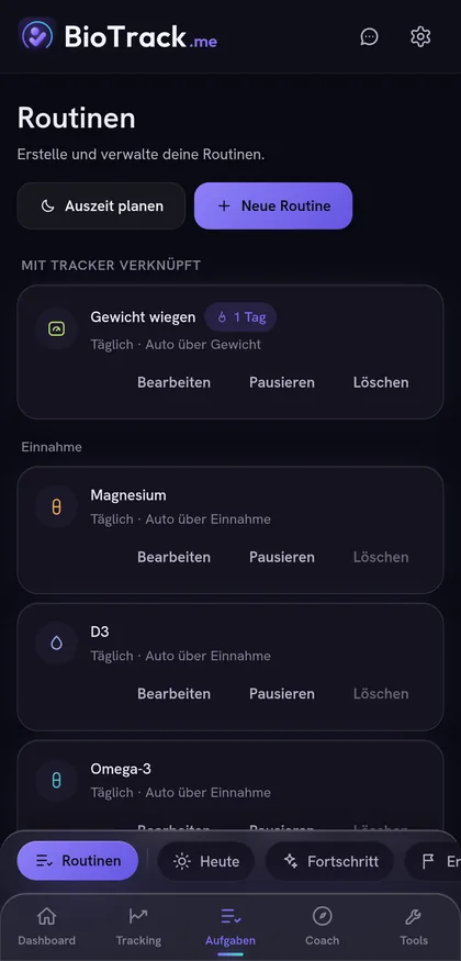 Übersicht der eingerichteten Routinen, verknüpft mit den jeweiligen Trackern.