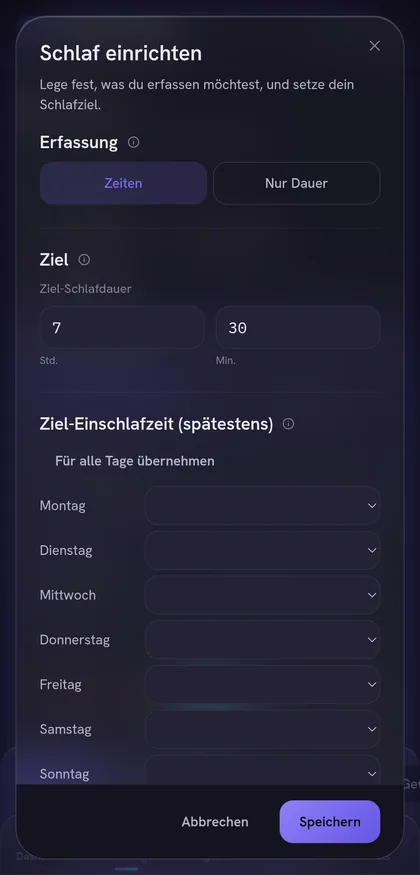 Einstellungen des Schlaf-Trackers: Ziel-Schlafdauer und Wecktage einzeln festlegen.